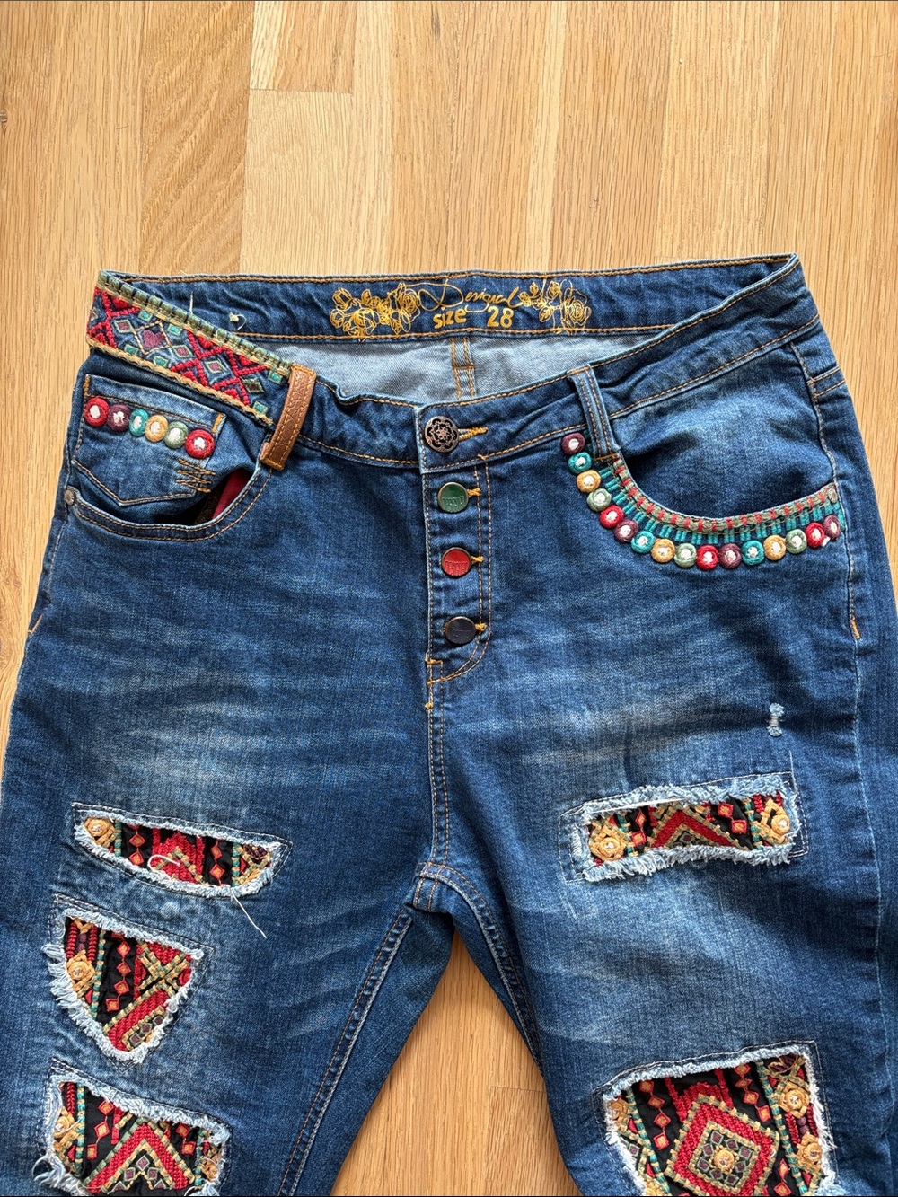 Desigual Embroidered Dark Blue Boyfriend Jeans with Colorful Button Accents